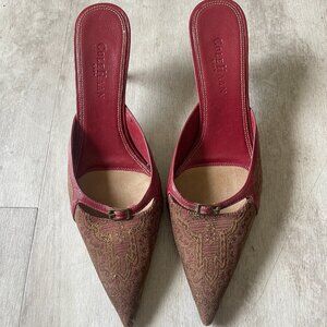 Cole Haan Leather Burgundy Brocade Kitten Heel Mules with Buckle